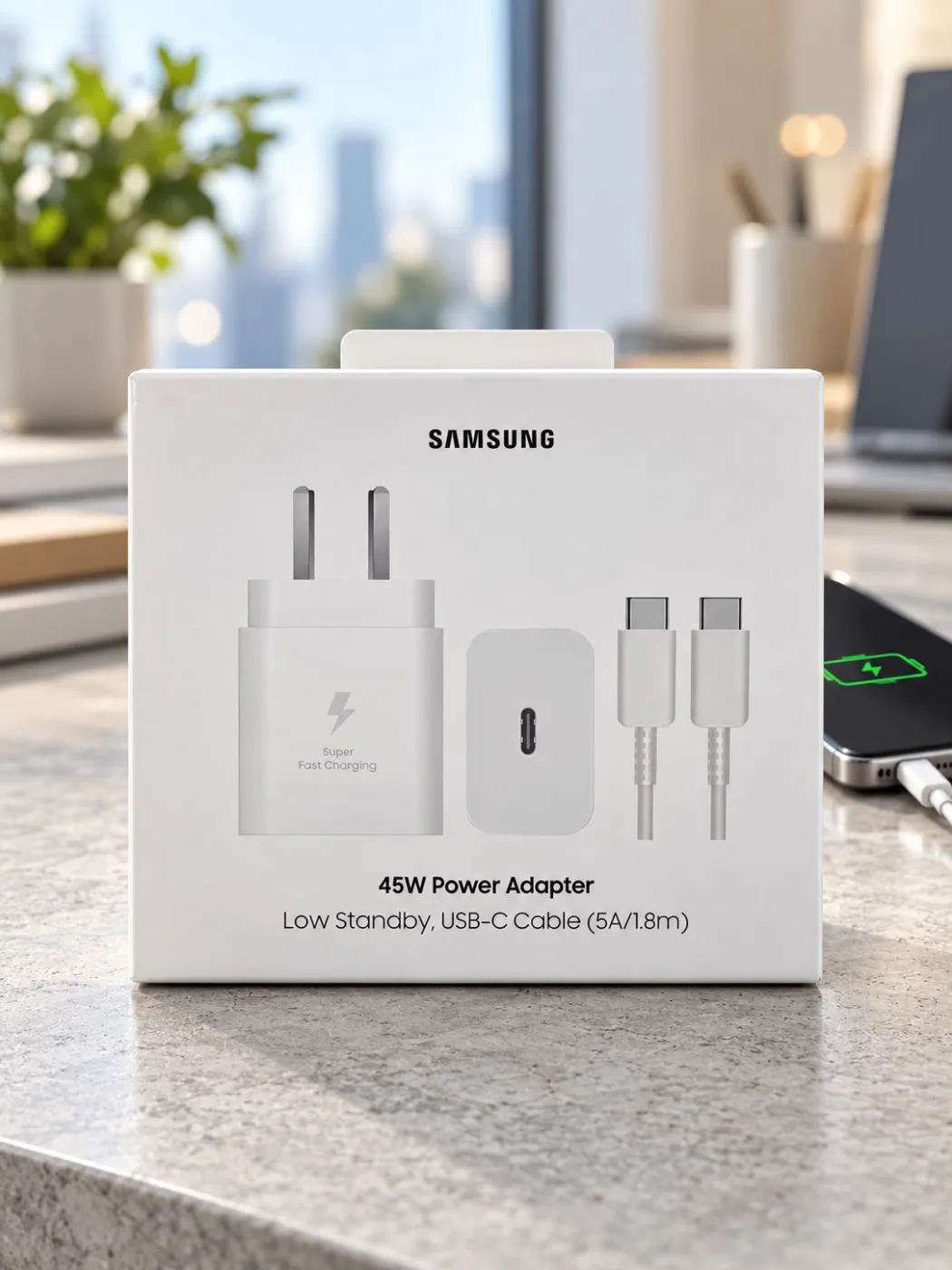 Cargador Tipo C Samsung Orig 45W Pd Adapter + Cable Usb-C To Usb-C1.8M (5A) Blanco (ep-T4511XBSGAR)